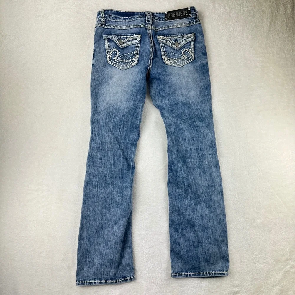 Rue21 Premiere Jeans Womens 9/10 Slim Boot Curvy 30 Blue Distressed Denim Cotton